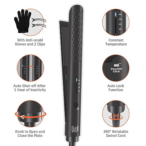 Quico Hair Straightener, Professional Negative Ion Flat Iron Hair Straightener, 15s Fast Heating, Temp Memory, 320℉-450℉, 110-240V, Auto-Off, with Glove and Clips, Gift, Black