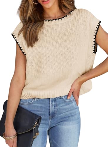 EVALESS Womens Cap Sleeve Sweater Vest Summer Crewneck Short Sleeve Pullover Sweaters Cute Dressy Tops for Women 2024 Trendy Lightweight Casaul Cotton Knit Tops Fall Fashion Outfits Beige Medium