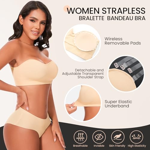 IXF Strapless Bras for Women Wireless Bandeau Bra Invisible Tube Tops Bra Bralette Padded Seamless Black