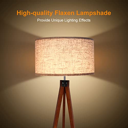 LEPOWER Wood Tripod Floor Lamp, Mid Century Standing Lamp, Modern Design Studying Light for Living Room, Bedroom, Study Room and Office, Flaxen Lamp Shade with E26 Lamp Base Walnut