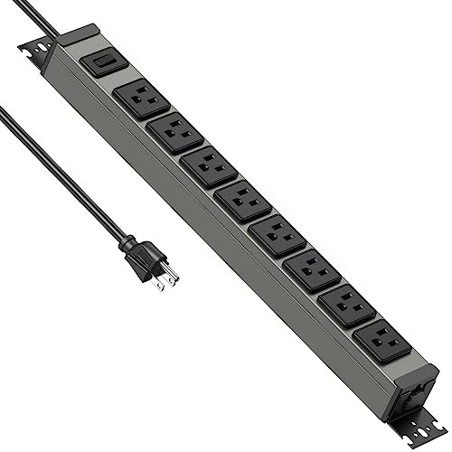 JUNNUJ Heavy Duty Power Strip Wall Mount, 15 Amp Surge Protector 1200J Metal 8 Outlet Under Desk Mounted 15A, Garage Power Bar Table Socket Industrial Outlets, 6FT 14AWG Extension Cord
