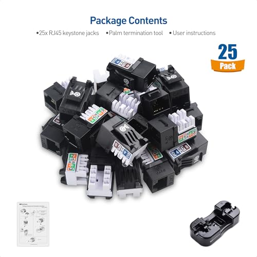 Cable Matters [UL Listed] 25-Pack 10Gbps Rapid-Install Cat6 Keystone Jacks, Slim Profile Ethernet Keystone Jack, RJ45 Keystone Jack with Punch-Down Stand, Black (Model 180070)