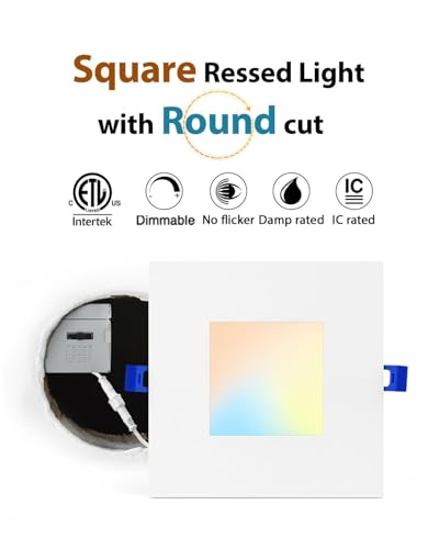 Adetu 4 Inch Square Led Recessed Lighting 5CCT LED Recessed Light with Junction Box,2700K-5000K Selectable,10W 860LM Brightness,Dimmable Canless Downlight - ETL Certified and Energy Star