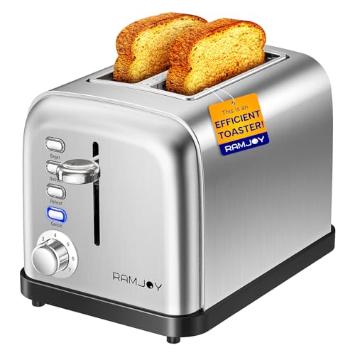 RAMJOY Black Toaster 2 Slice, Extra Wide Slot Toaster for Bagels, Bread, Waffles, 7 Shade Settings, 4 Main Functions, Removable Crumb Tray, 900 Watts Toasters, Black Stainless Steel