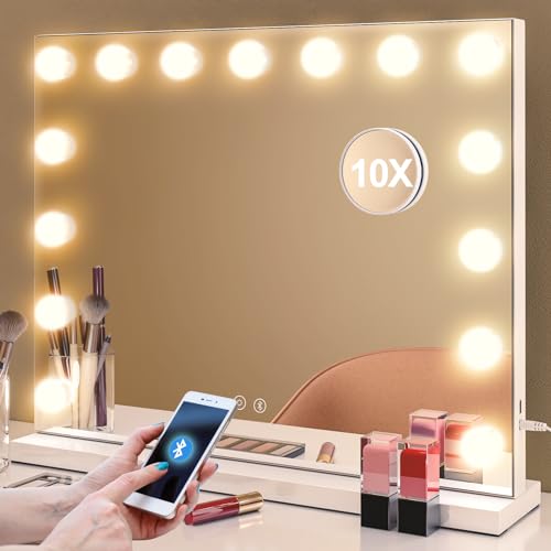 Uliyati Vanity Mirror with Lights and Bluetooth Speaker,Hollywood Lighted Makeup Mirror,15 LED Bulbs,3 Colors Modes,Touch Control,Dimmable USB Charging Port 10X Mirror Metal Frame Tabletop Mirror