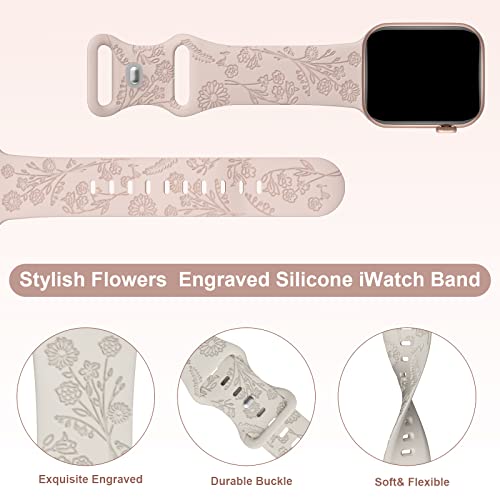 Keebowz 4 Pack Flower Engraved Silicone Band Compatible with Apple Watch Band 38mm 40mm 41mm 42mm 44mm 45mm 49mm, Women Soft Floral Strap Sport Wristbands for iWatch Series 9/8/7/6/5/4/3/2/1/SE/Ultra