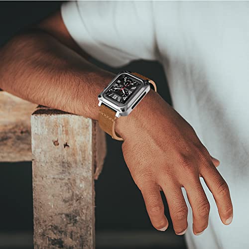 GELISHI Compatible with Apple Watch Case 44mm Men, Metal Rugged Case Bumper Full Protective Cover with Leather Band Replacement Strap for Watch Series 6 SE 5 4, Black