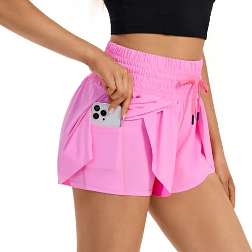 Flowy Womens Running Shorts Gym Yoga Workout Athletic Tennis Golf Skorts Skirts High Waisted with Pockets Butterfly Sweat Spandex Comfy Lounge Pants Cute Trendy Clothes Casual Summer Outfits Red M