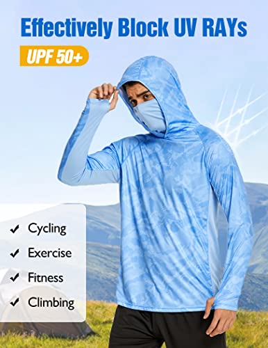 COOrun Mens Fishing Hoodies with Face Mask UPF 50 Long Sleeve Rash Guards Hooded SPF Sun Shirts for Men Camo Hiking Shirt