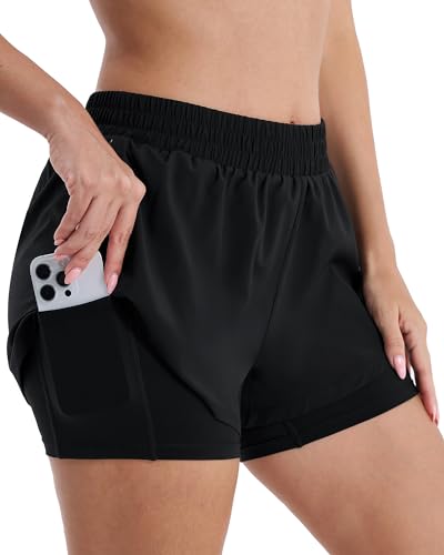 Stelle Women's 2 in 1 Running Shorts Athletic Workout Gym Shorts High Waisted Shorts with Liner Zipper Pockets (Black, X-Small)