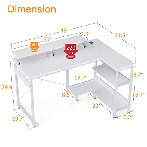 ODK Small L Shaped Desk, 48 inch Corner Desk with Reversible Storage Shelves, Computer Desk with Monitor Shelf and PC Stand for Home Office, Gaming Desk with Headphone Hooks, Black