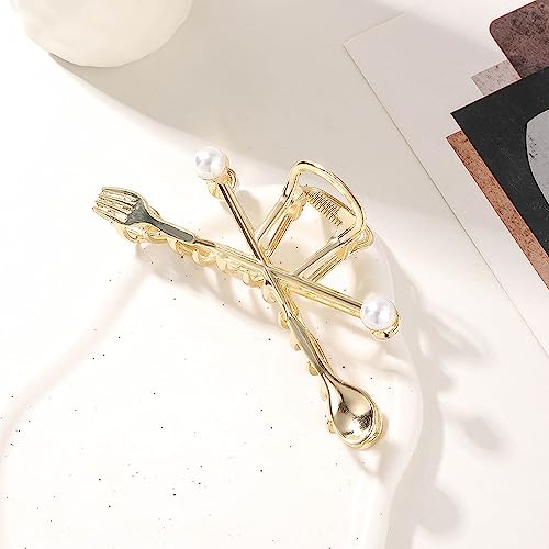 Forks Spoons Hair Clips with Pearl Gold Metal Hair Claw Clips for Women Girls Creative Forks and Spoons Hair Accessories Shiny Elegant Hairpins Strong Hold Nonslip Hair Clip Goddess Look 1 Pcs