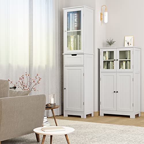 HORSTORS Bathroom Cabinet, Storage Cabinet with 2 Doors & 1 Drawer, Floor Freestanding Cabinet with Adjustable Shelves, Narrow Tall Cabinet for Bathroom, Living Room, Home Office, White