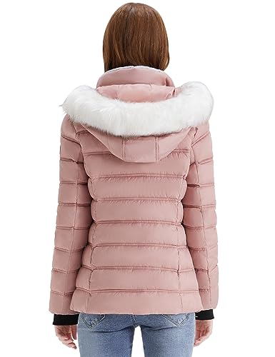 SLOWTOWN Women's Puffer Jacket Warm Hooded Winter Puffy Jacket with Faux-Fur Trim and Collar (Pink, Small)