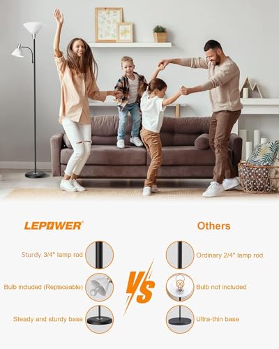 LEPOWER Floor Lamp, Standing Lamp with Replaceable 3000K Energy-Saving LED Bulbs,9W Lamp for Living Room with 5W Adjustable Reading Light, Modern Bright Floor Lamp for Bedroom, Living Room, Office