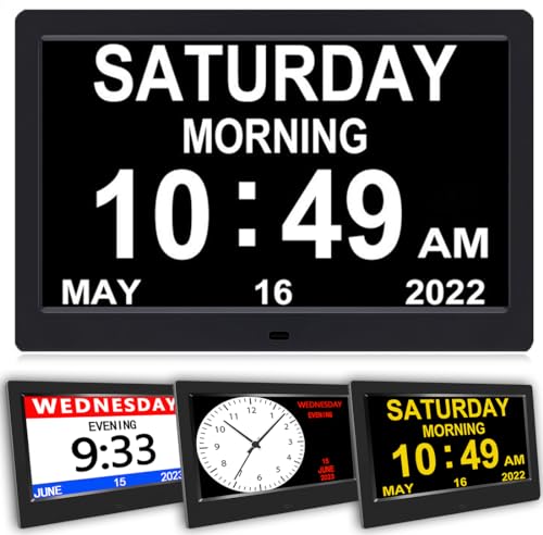 AINFTIME Clock with Day and Date for Elderly-3 Colors Display Digital Calendar Alarm Clock Dementia Alzheimers Clock with Extra Large Display (10.1in Black)