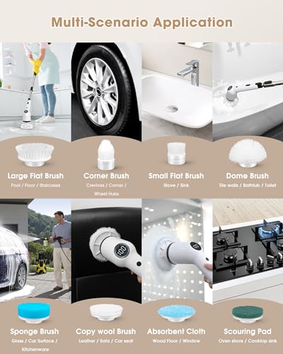 Electric Spin Scrubber, Cordless Shower Scrubber with Long Handle and 8 Replacement Heads, Power Cleaning Brush with 3 Adjustable Speeds for Bathroom Grout Bathtub Tile Floor, Black