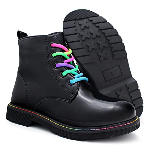 Hawkwell Girls Boys Combat Work Boots Side Zipper Ankle Boots with Rainbow Lace Up,Burgundy Patent PU,4 M US Big Kid