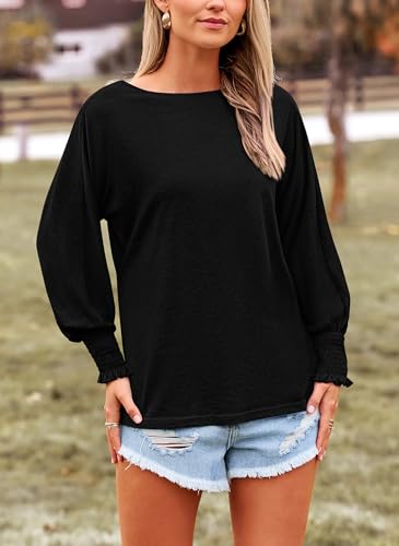 PRETTYGARDEN Women's 2024 Fall Fashion T Shirts Puff Long Sleeve Crewneck Casual Basic Tee Tops Blouses (Black,Small)