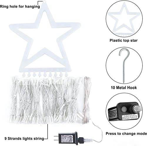 Christmas Decorations Star String Lights, 320 LEDs Outdoor Waterfall Tree Lights with 13" Topper Star, Plug in Waterproof Hanging Fairy Lights for Xmas New Year Holiday Party Yard Patio Decor (Blue)