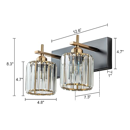 HUOKU Modern Crystal Bathroom Vanity Lights, Gold 4-Lights Bathroom Light Fixtures Over Mirror, Crystal Wall Lighting with Polished Gold Finish