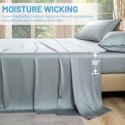 MEISHANG Bamboo Viscose Sheets Queen Size - 100% Organic Viscose,400TC Cooling Luxury Sheet Set with 16" Deep Pockets - 4 Pieces(Dark Grey)