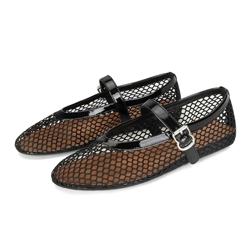 DOEYG Mesh Ballet Flats for Women Round Toe Mesh Flats Ballet Shoes Buckle Strap Mesh Mary Jane Flats Comfy Casual Office Summer Fishnet Ballerina Flats Shoes Gold