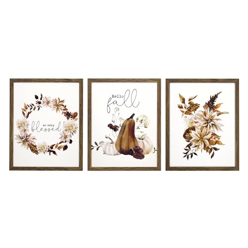 ArtbyHannah Fall Wall Decor Framed Fall Wall Art,Botanical Fall Pictures Wall Decor with Pumpkins Prints Rustic Autumn Decor Fall Decorations for Home Office Living Room(11x14IN 3Pack Brown Framed)