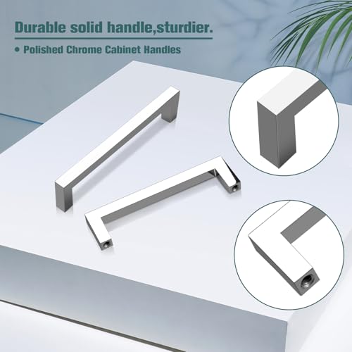GOBEKOR 5 Pack Polished Chrome Cabinet Pulls Solid Drawer Pulls 3-3/4in(96mm) Hole Centers, Square Bar Kitchen Cupboard Handles Cabinet Hardware