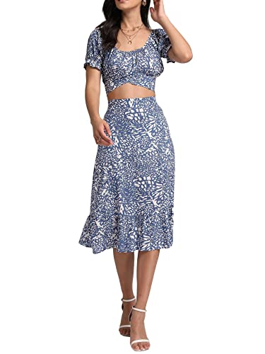 LYANER Women's 2 Piece Outfits Floral Self Tie Knot Crop Tops and Midi Skirt Set Solid Navy Large