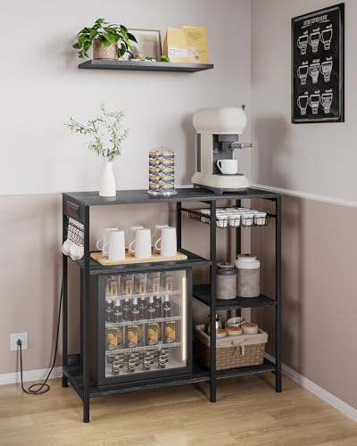 VASAGLE Baker's Rack, Coffee Bar Stand with Charging Station, Storage Shelves, Pull-Out Wire Basket, Table for Microwave, Kitchen, Charcoal Gray UKKS036B22, 15.7 x 35.4 x 35.6 Inches