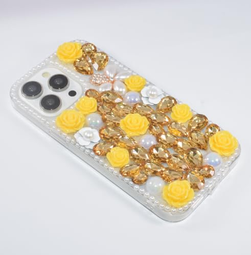 XinMerry Compatible with iPhone 14 Pro Max Bling Case for Women Girls Luxury Sparkle Glitter 3D Handmade Diamond Crystal Rhinestone Pearl Flowers Case Cover for iPhone 14 Pro Max 6.7 inch, Gold