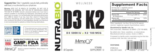 NutraBio Vitamin D3 K2 | 5000 IU D3 as Cholecalciferol with Vitamin K2 as Mena-Q MK7 (180mcg) | Support Bone and Heart Health | Non-GMO, Gluten Free, Lactose Free | 60 Vegetable Capsules