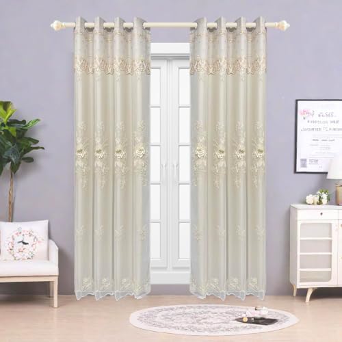 European Beige Double Layer Blackout Curtain for Bedroom Living Room Grommet Top Elegant Floral Beaded Embroidery Sheer Voile Plus Thick Shading Thermal Insulated Cloth Curtains 1PC W50 L84 inch