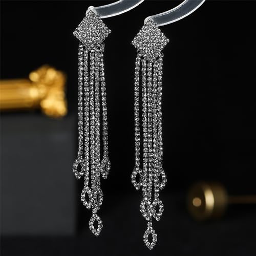 Black Rhinestone Tassel Earrings for Women Bling Sparkly Long Tassel Earrings Prom Earrings Bling Crystal Chandelier Earrings Wedding Party Prom Dress Outfit Jewerly Gifts for Her(H:black)