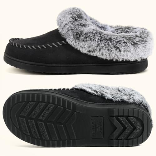 ULTRAIDEAS Women's Memory Foam House Slippers with Hard Bottom, Fur Lined House Shoes with Non-Slip Rubber Sole for Indoor & Outdoor (Black, 5-6)