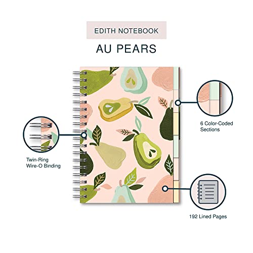 Studio Oh! Edith Notebook, 6.8" x 9.3" Hardcover Cute Daily Journal for Work, School, Spiral Binding, Tabs, 6 Color Coded Sections, 192 Pages, Lined, Dotted, Graph, 100 GSM Paper Weight, Au Pears