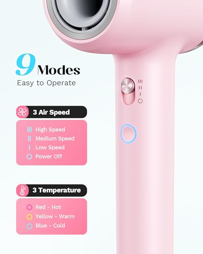 Wavytalk Hair Dryer with Diffuser Pro Fast Drying Hair Dryer 110,000 RPM with Magnetic Attachments, Professional Ionic Lightweight Hair Dryer Blow Dryer with 3 Speeds & 3 Temps Low Noise, Rose Red