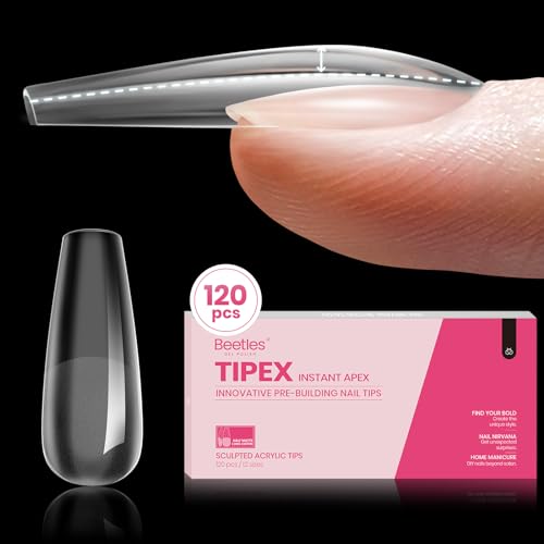 Beetles Tipex Instant Apex Nail Tips,120Pcs Pre-building Pre-Etched Gel Nail Tips Long Coffin Thicker Acrylic Nails Strong Full Cover False Nail Extension Building Gel Press-on Nails for Flat Nails