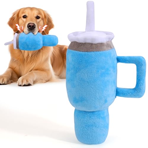 BABORUI Cute Squeaky Dog Toys Cup, Dog Birthday Toy for Aggressive Chewers, Safety Design Dog Toys for Small/Medium/Large Dog Exercise and Accompany(Blue)