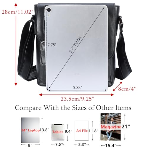 Masa Kawa Men's Black Leather Messenger Bag Retro Small Crossbody Shoulder Bag for Men Women Flap Over Man Purse Fits 10 Inch Tablet