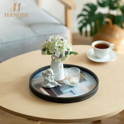 Hanobe Decorative Tray for Coffee Table: Round Home Decor 12 Inch Modern Wood Centerpiece for Living Room Ottoman Kitchen Counter Black