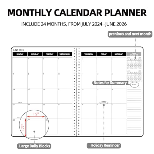 Monthly Planner 2024-2026, 2024 Calendar 24 Months Planner, JULY 2024 - JUNE 2026, 8.5" x 11", 2024 Academic Planner Hard PVC Cover with Spiral Bound, Perfect for School & Office for Women & Men