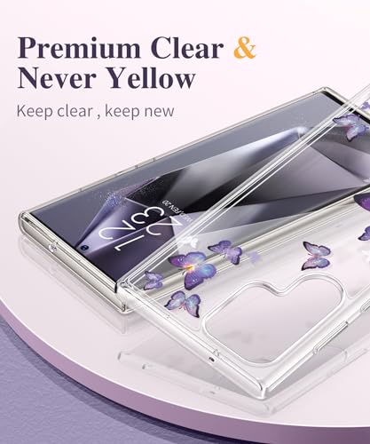 GVIEWIN for Samsung Galaxy S24 Ultra Case with Screen Protector+Camera Protector, [MIL-Grade Drop Protection] Pattern Design Slim Sturdy Shockproof Cell Phone Cover for Women (Peach Blossom/Yellow)