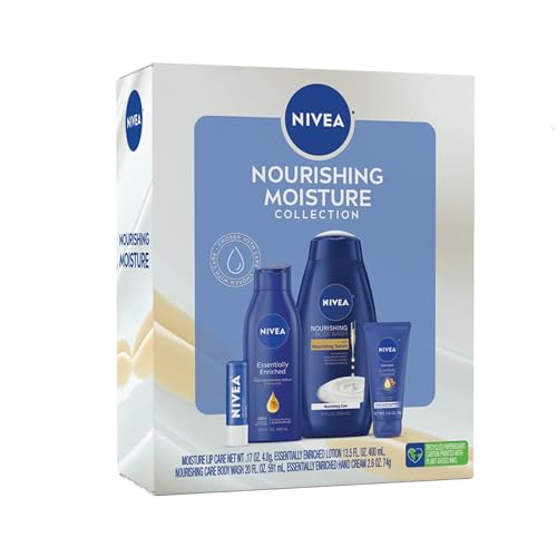 NIVEA Nourishing Moisture Collection Skin Care Set, Nourishing Care Body Wash, 20 Fl Oz Bottle + Body Lotion, 13.5 Fl Oz Bottle + Hand Cream, 2.6 Oz Tube + Moisture Lip Care Balm, 0.17 Oz Stick