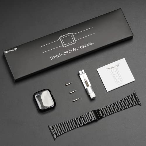 iiteeology Compatible with Apple Watch Band 38mm Series 3 2 1, Upgraded Stainless Steel Band with iWatch Screen Protector Case for Women Black/Black