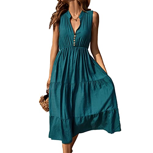 BROVAVE Womens 2025 Summer Sleeveless Shirt Dress Collar Striped V Neck Casual Midi Dresses(Dark Green, S)