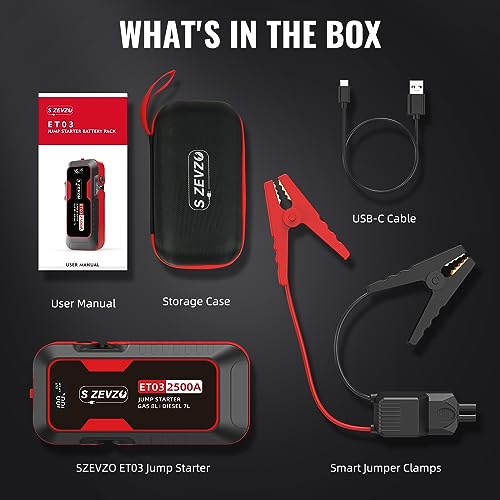 S ZEVZO ET03 Car Jump Starter 2500A Jump Starter Battery Pack for Up to 8.0L Gas and 7.0L Diesel Engines, 74Wh Portable 12V Jump Box with USB Ports, LCD Display, Storage Case, and LED Light