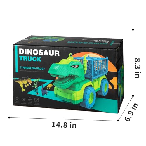 TEMI Dinosaur Truck Toys for Kids 3-5 Years, Tyrannosaurus Transport Car Carrier Truck with 8 Dino Figures, Activity Play Mat, Dinosaur Eggs, Trees, Capture Jurassic Play Set for Boys and Girls