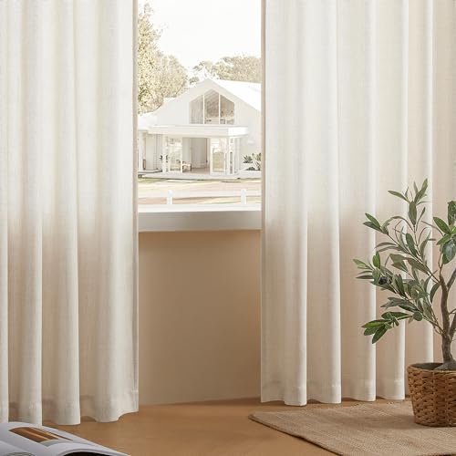 DaysU Linen Curtains 132 Inches Long 2 Panels Set for Bedroom/Living Room, Ivory Semi Sheer Farmhouse Curtains, Rod Pocket Hook Belt Long Curtains & Drapes, Light Filtering Privacy Added, W54 x L132